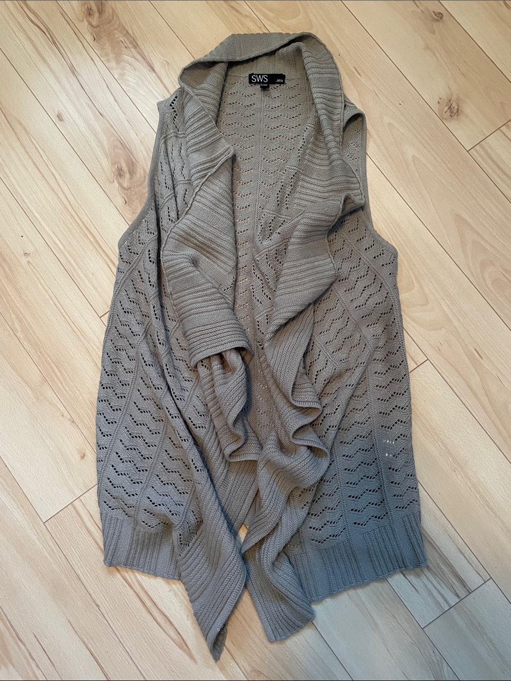 SWS Sz M Open-Front Taupe Knit Drape Cardigan Vest